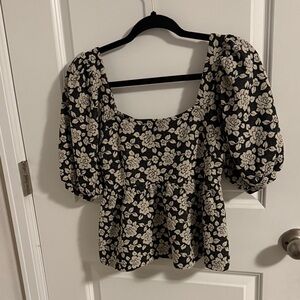 Floral Puff Sleeve Peplum Top - Black and Cream